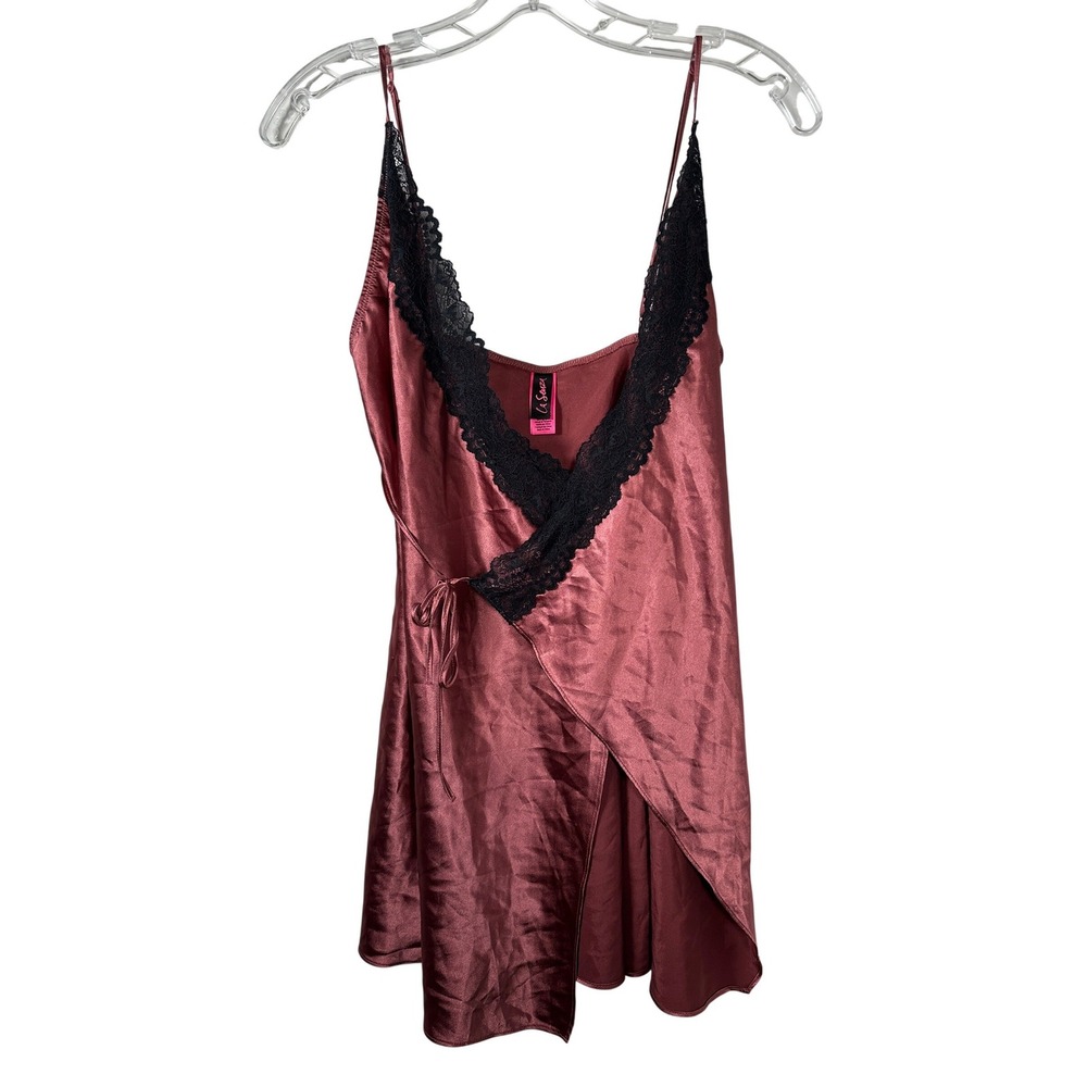 La Senza Chemise Mauve Pink Satin Lace Trim Tank Top Wrap Front Small